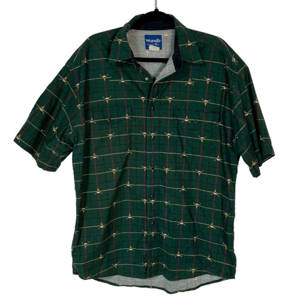 Wrangler Western Shirt Men's XL Green Cattle Cowboy Black Pearl Snap Country